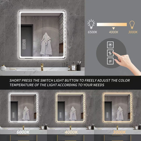 LED Bathroom Mirror, Anti Explosion Glass, Rust Resistant, Anti Fog, Tri Color