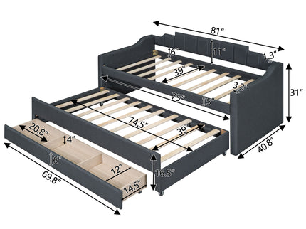 Upholstered Simple Design Daybed With Trundle And 3 Drawers