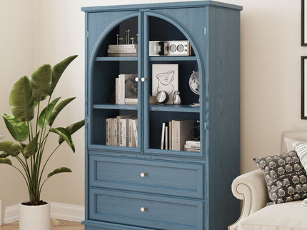 Glass Door Display Case With 2 Drawers And Adjustable Shelf