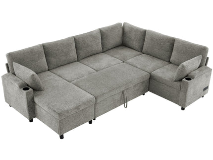U-Shaped Sectional Sleeper Sofa With Ample Storage Space, 2 Cup Holders And Charging Ports For Living Room