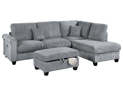 Contemporary Sectional Set With Right Arm Chaise, Left Arm Sofa With USB Port, Storage Ottoman