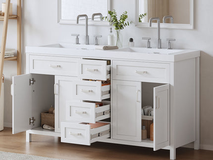 59.1" Minimalist Double Sink Bathroom Vanity With Top, Soft Close Doors & Drawers - White