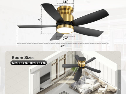 Flush Mount Ceiling Fan With LED Light 22W And Remote Control Blades / Body, DC Motor