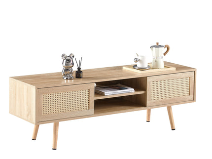 55.12" Rattan TV Cabinet, Double Sliding Doors For Storage, Adjustable Shelf, Solid Wood Legs, TV Console For Living Room