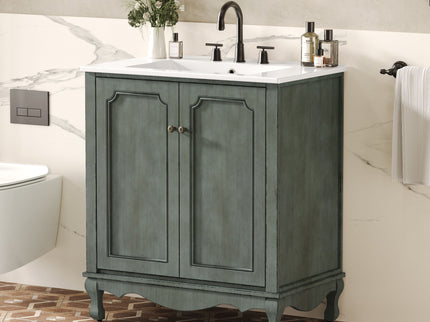 Vintage Bathroom Vanity With Ceramic Sink, Adjustable Shelves