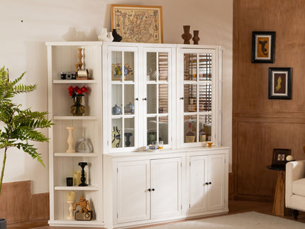 Retro Style Wall Suit With Glass Doors, 75.25" Tall Display Cabinets & Triangle Sided Bookshelves - White
