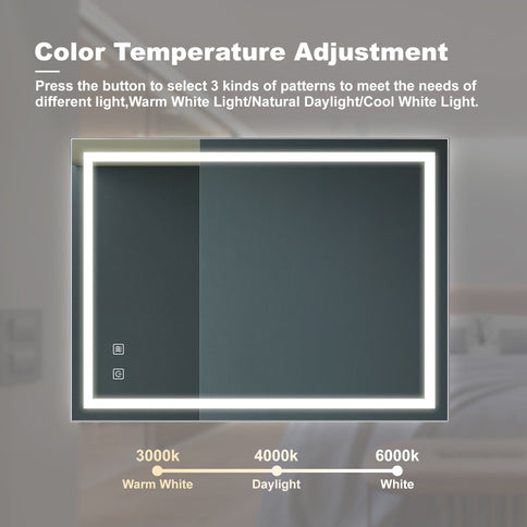 Bathroom Vanity Rectangle Mirror With Front Lighting, Anti Fog, Dimmable, Smart Memory Function