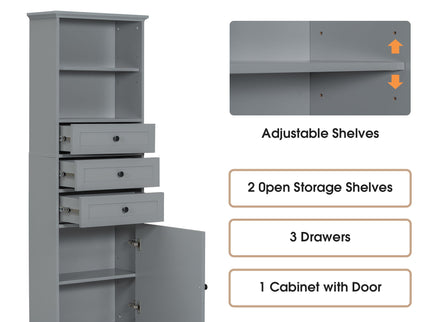 Tall Storage Cabinet With 3 Drawers And Adjustable Shelves For Bathroom