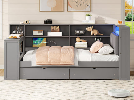 Platform Bed With Upholstered Headboard, Storage Shelves, Drawers, Charging Station, LED Lighting, Built In Desk