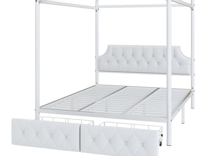 Queen Size Canopy Platform Bed With Upholstered Headboard And 2 Storage Drawers - White