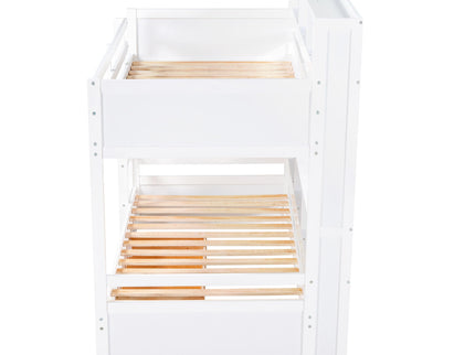 Twin Size Bunk Bed With Built-In Shelves Beside Both Upper And Down Bed And Storage Drawer