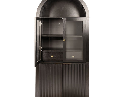 Fluted Tall Arched Pantry Cabinet With Adjustable Shelves, Glass Door & Hidden Drawer For Kitchen
