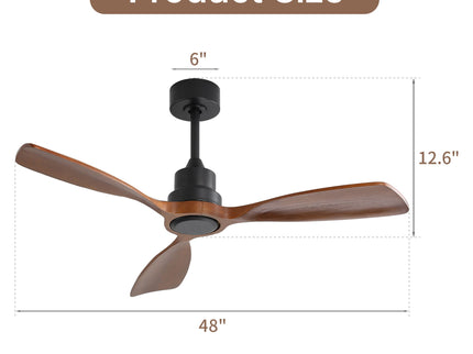 48" Ceiling Fan Without Light, 3 Solid Wood Blades Outdoor Ceiling Fan 6 - Speed Reversible DC Motor For Living Room - Black