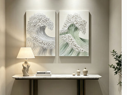 Ocean Wave Wall Art, Textured Canvas Painting With Accents (Set of 2) - Sage Green+Gold