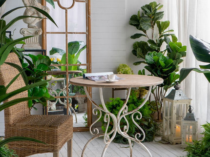 Round Wooden Table With Metal Scrollwork Legs - White Washed
