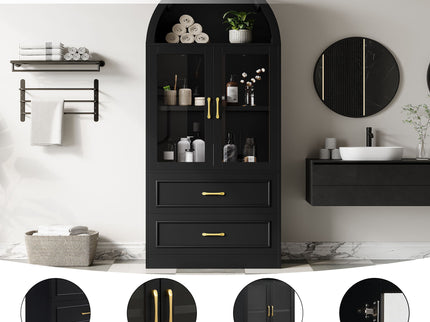 Arched Top Storage Cabinet With Fixed 2 Tier Shelves, 2 Large Drawers