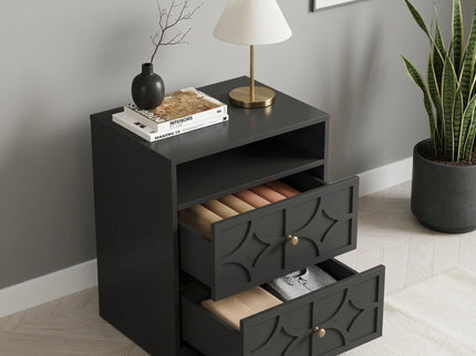 Nightstand With Diamond Carvings Handles, 2 Drawers & Charging Station