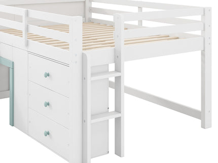 Modern Low Loft Bed With Slide, 3 Storage Drawers, And 2 Doors