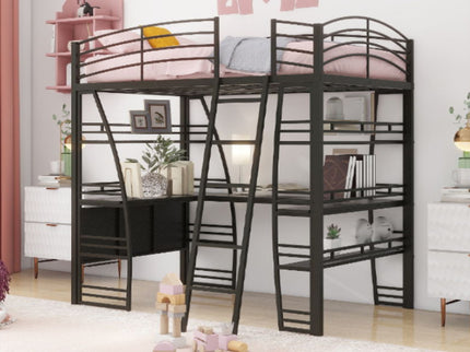 Loft Bed With 4 Layers Of Shelves And L-Shaped Desk, Stylish Metal Frame Bed With A Set Of Sockets, USB Ports And And Wireless Charging