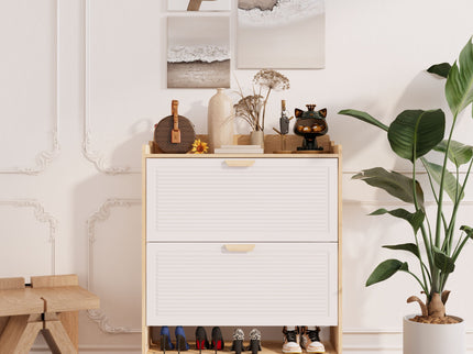 Shoe Storage Cabinet With 2 Flip Drawers, Compact Entryway Organizer - Natural / White