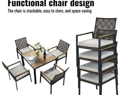 5 Piece Patio Dining Table Set, Acacia Wood Table Top With Umbrella Hole
