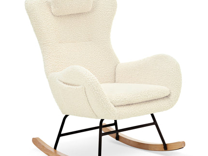 Rocking Chair Nursery, Teddy Upholstered Rocker Glider Chair With High Backrest, Adjustable Headrest & Pocket, Comfy Glider Chair For Nursery, Bedroom, Living Room, Offices, Rubber Wood