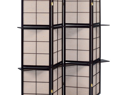 4 Panel Folding Screen With Shelves - Brown