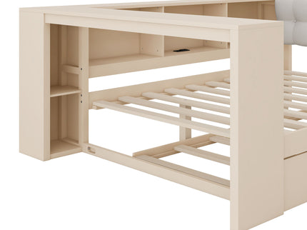 Upholstered Headboard Platform Bed With Storage Shelves, Trundle, Charging Station