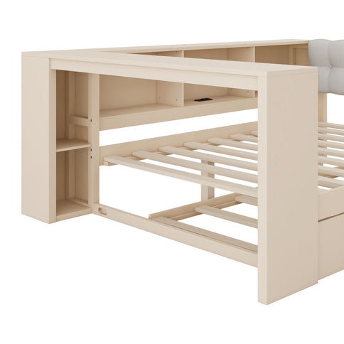 Upholstered Headboard Platform Bed With Storage Shelves, Trundle, Charging Station