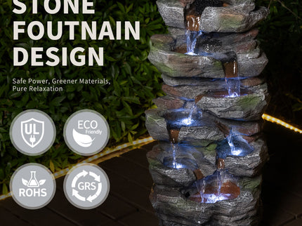 Rock Waterfall Outdoor Fountain With LED Lights - Gray