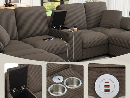 Modern U - Shaped Sectional Sofa With Storage Ottomans, USB Ports, And Cup Holders