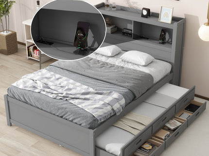 Full Size Platform Bed With Trundle, Drawers, USB Ports And Built In Shelves - Gray