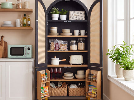 Tall Arched Cabinet With Rattan Doors & Adjustable Shelves