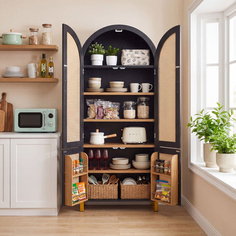 Tall Arched Cabinet With Rattan Doors & Adjustable Shelves