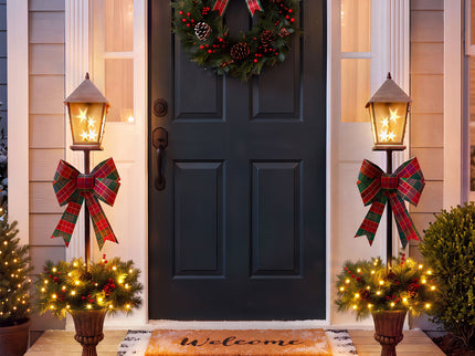 Christmas Lamp Post Decor With Plaid Bow, Artificial Outdoor Holiday Decor (Set of 2) - Brown / Bronze / Green