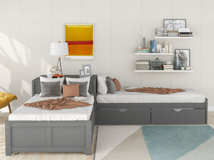 L Shaped Platform Bed With Trundle And Drawers Linked With Built In Desk