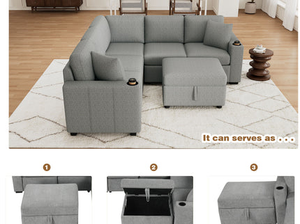 Sectional Sofa Convertible Pull-Out Sofa Bed With A Movable Storage Ottoman For Living Room