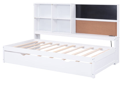 Twin Size Daybed With Storage Shelvesboard, Cork Board, USB Ports And Trundle - White