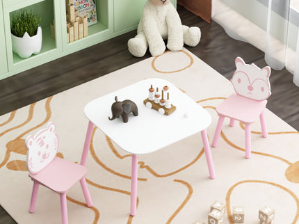 Table And Chair Set, 3 Piece Wooden Toddler Desk With Animal Backrest - Pink / White