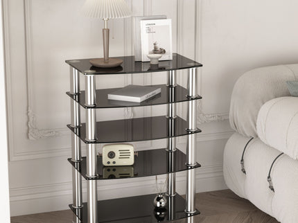5 Tier Tempered Glass Side Table, Stainless Steel Frame End Table For Living Room, Bedroom - Black