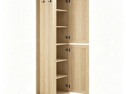 Tall Freestanding Bathroom Storage Cabinet With Adjustable Shelves And Side Hooks