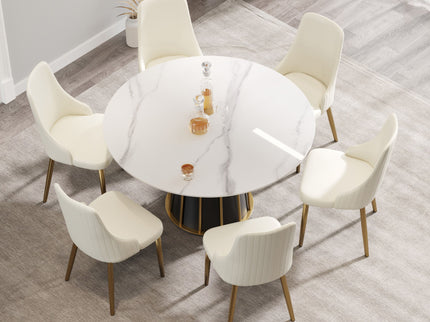 53.15" Modern Artificial Stone Round Panel Metal Iron Base Dining Table, Can Accommodate 6 People, (Not Including Chairs) - White / Black