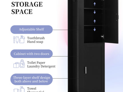Tall Freestanding Bathroom Storage Cabinet With Adjustable Shelves And Side Hooks