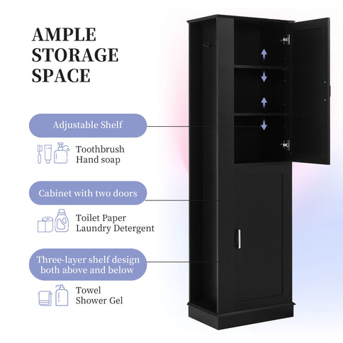 Tall Freestanding Bathroom Storage Cabinet With Adjustable Shelves And Side Hooks