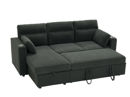 Convertible L - Shaped Sectional Sofa Bed With Storage Chaise, Cup Holders