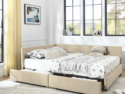 Mid-Century Storage Upholstered Tufted Bed Frame With Backrest And Armrests