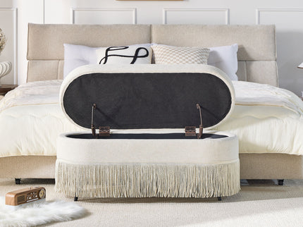 Oval Upholstered Storage Ottoman With Fringe Trim & Lift Top Lid