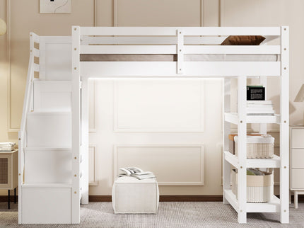 Loft Bed With 4 Layer Shelves, Storage Staircase, Small Wardrobe And LED Light