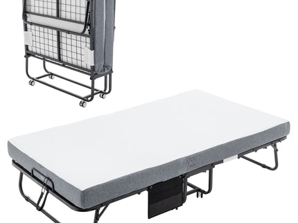 Foldable Metal Frame Bed For Guest With Memory Foam Mattress On Wheels, Saving Space Rollaway Bed