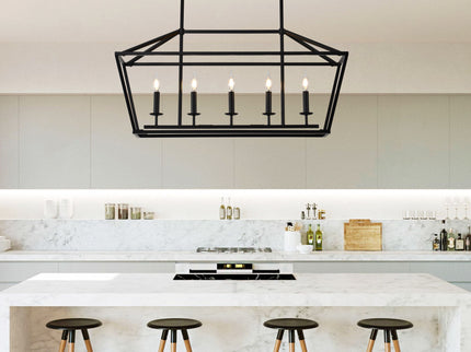 5 Light Farmhouse Kitchen Island Lighting, 5 Light Industrial Linear Chandelier For Dining Room Metal Hanging Pendant Light Fixture For Bedroom Living Room Hallway Conference Room - Matte Black